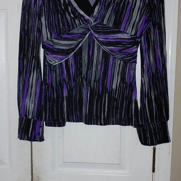 Laura Petites purple gray black collar  blouse - Picture 2 of 5